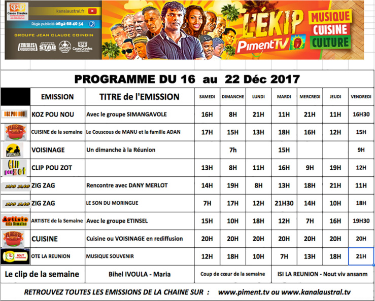 PROGRAMME TÉLÉ DU 16 AU 22 DECEMBRE