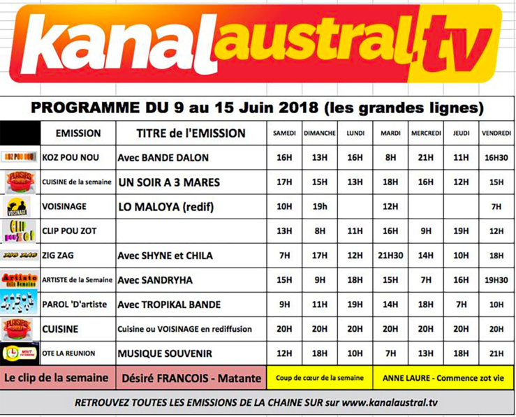 Programme télé KANAL AUSTRAL TV 9-15 JUIN