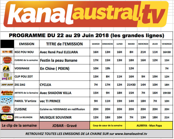 22 - 29 juin - Programme télé KANAL AUSTRAL TV 22 - 29 juin - Programme télé KANAL AUSTRAL TV