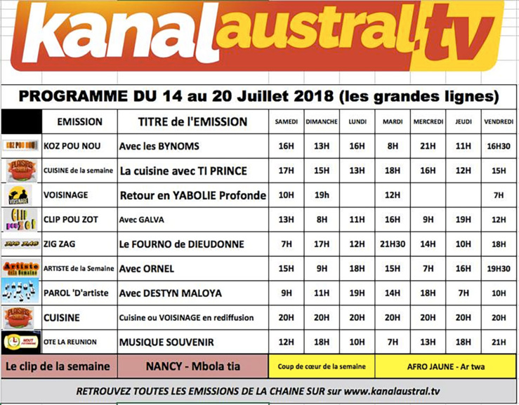 14 au 20 juillet - Programme télé KANAL AUSTRAL TV