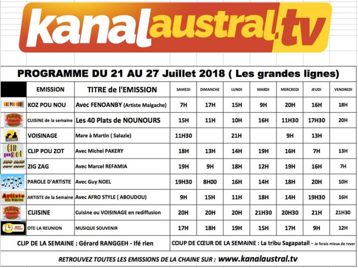 21 - 27 juillet programme KANAL AUSTRAL TV 21 - 27 juillet programme KANAL AUSTRAL TV