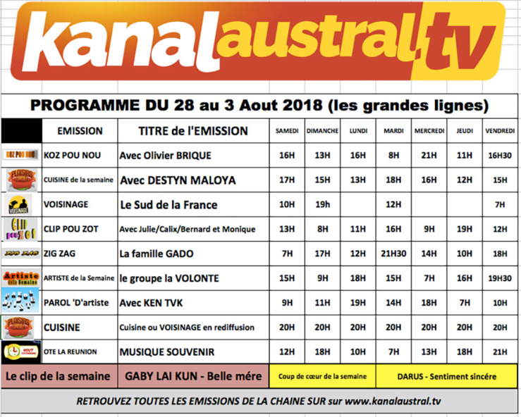 Programme télé KANAL AUSTRAL TV 28 JUILLET - 3 AOUT Programme télé KANAL AUSTRAL TV 28 JUILLET - 3 AOUT