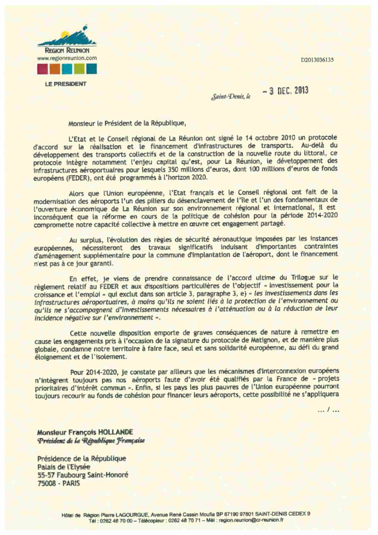 Le Président de la Région Didier ROBERT interpelle le Président de la République François Hollande Le Président de la Région Didier ROBERT interpelle le Président de la République François Hollande
