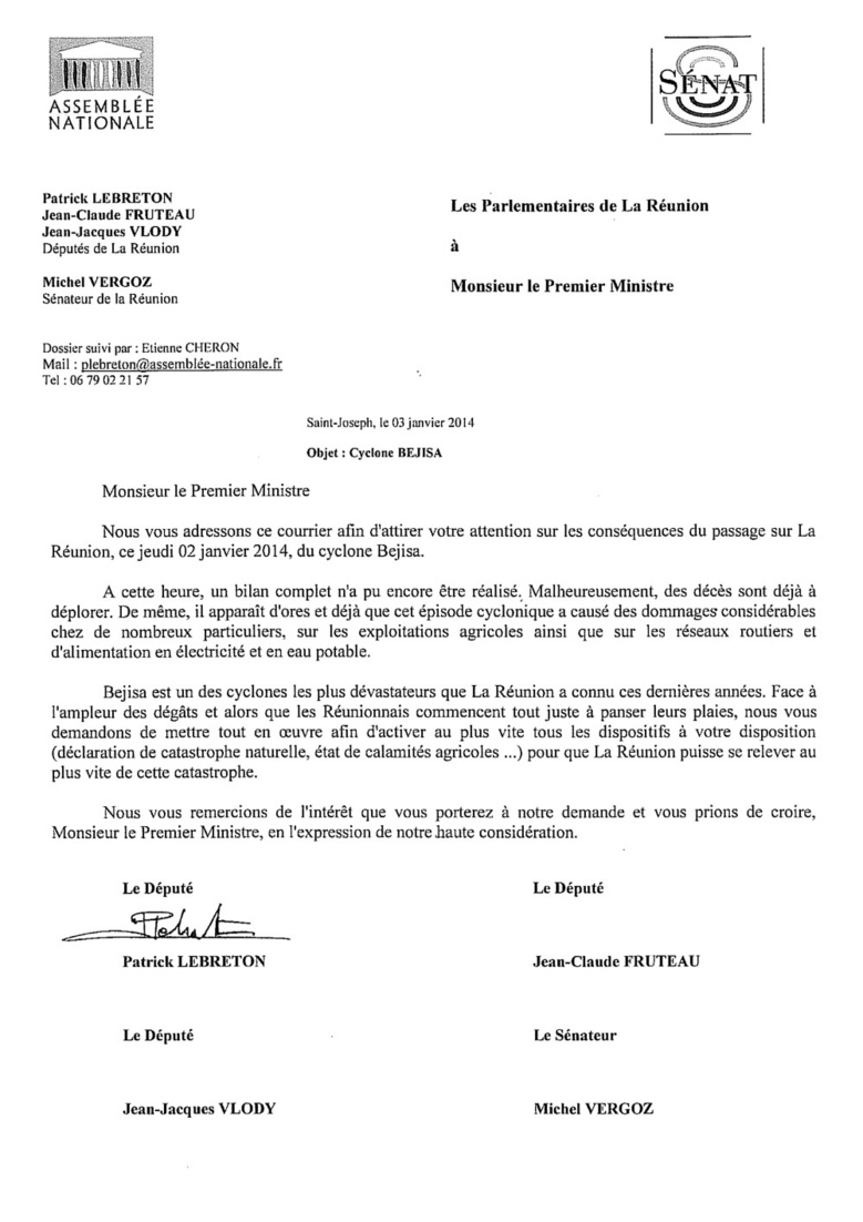 Bejisa : Les élus PS du Progrès écrivent au Premier Ministre Bejisa : Les élus PS du Progrès écrivent au Premier Ministre