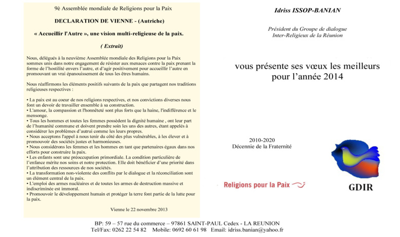 Les vœux du Groupe de Dialogue Inter Religieux de La Réunion Les vœux du Groupe de Dialogue Inter Religieux de La Réunion