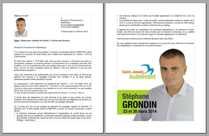 Plainte portée contre Lebreton Patrick, maire sortant pour violation des dispositions de l'article L52-8 du code électoral Plainte portée contre Lebreton Patrick, maire sortant pour violation des dispositions de l'article L52-8 du code électoral
