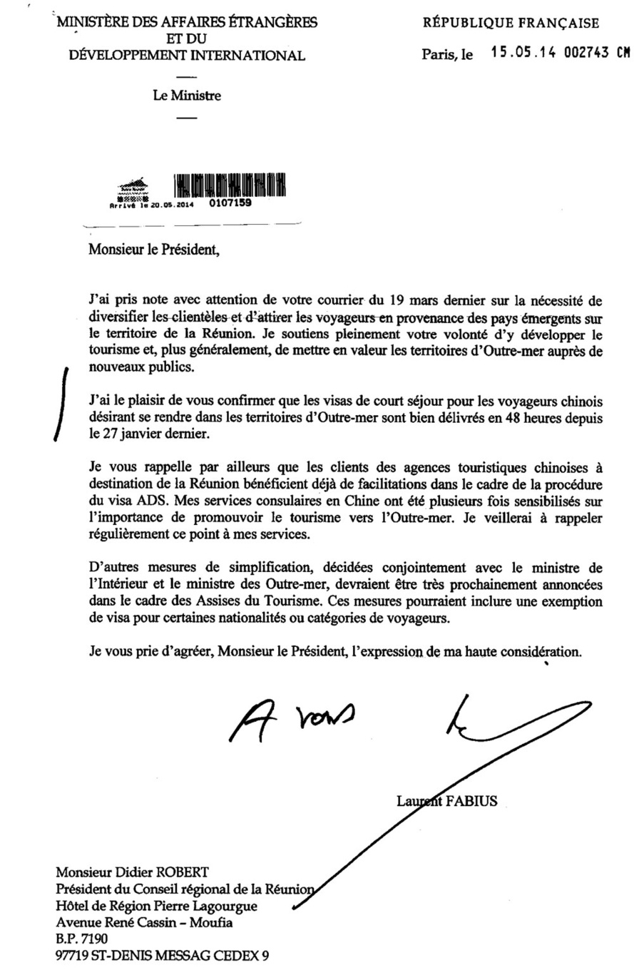 La réponse favorable de Laurent FABIUS aux demandes de Didier ROBERT pour les Visas Chinois La réponse favorable de Laurent FABIUS aux demandes de Didier ROBERT pour les Visas Chinois