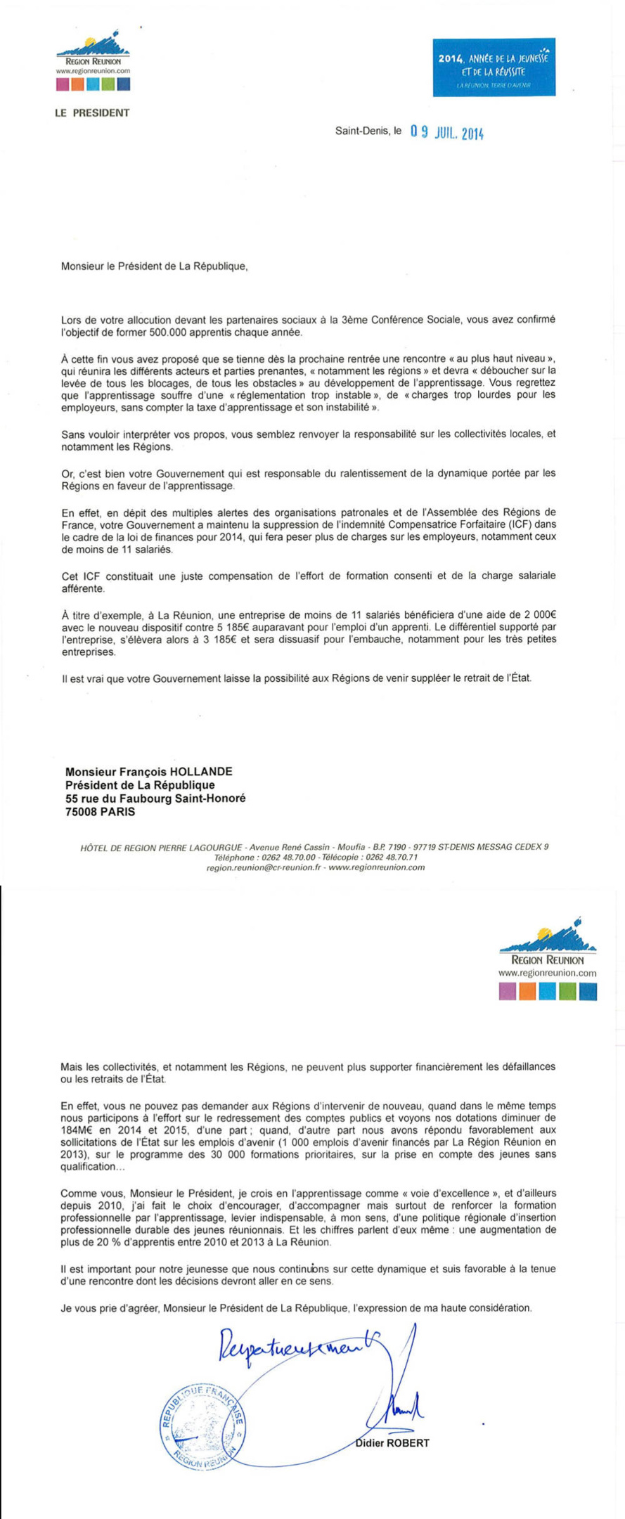 Didier Robert écrit au Président de la République concernant l'apprentissage et le désengagement de l'Etat vis à vis des entreprises Didier Robert écrit au Président de la République concernant l'apprentissage et le désengagement de l'Etat vis à vis des entreprises