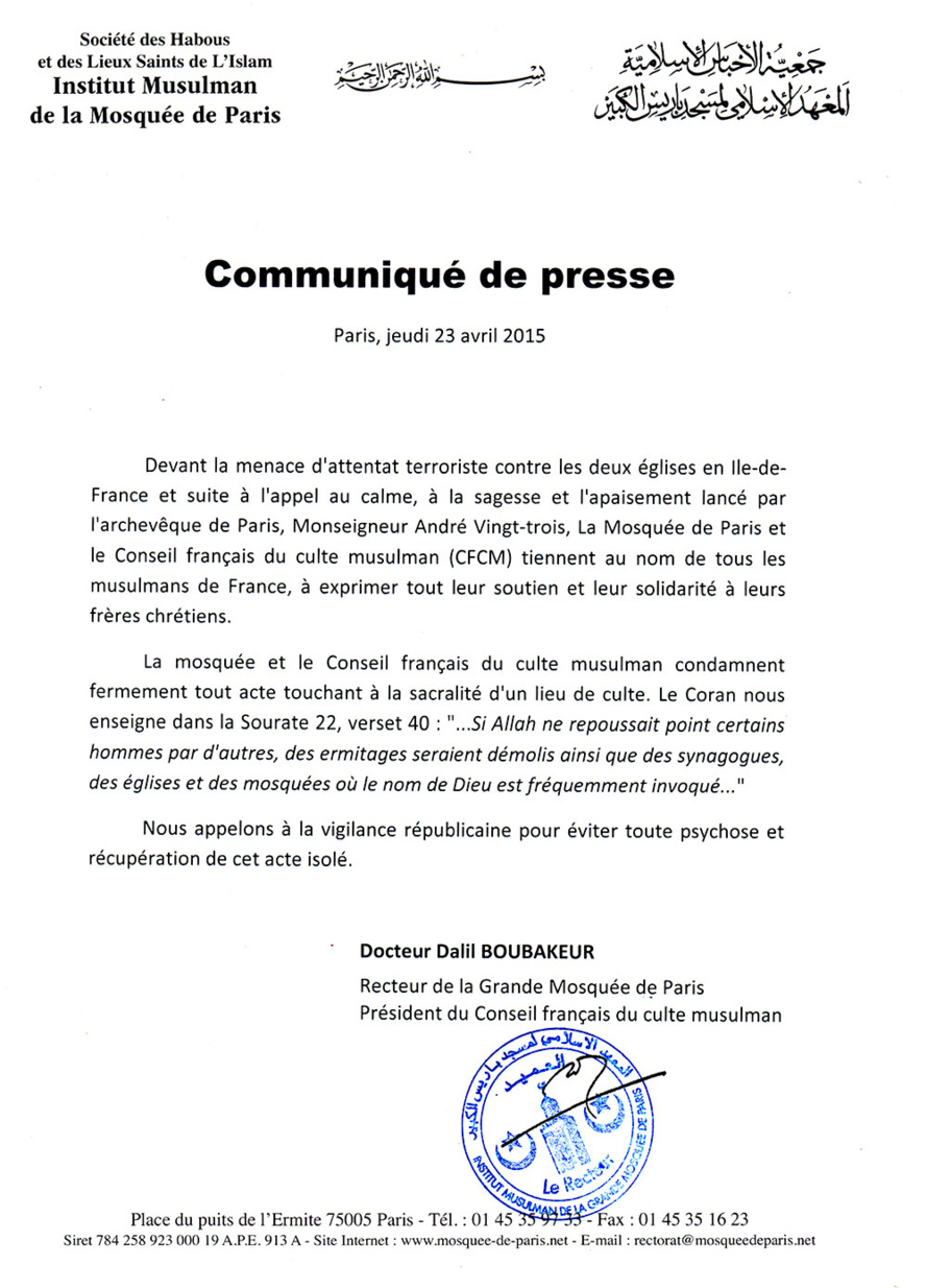 Réaction du Conseil Français du Culte Musulman, suite à la menace d'attentat terroriste contre des Eglises en métropole.