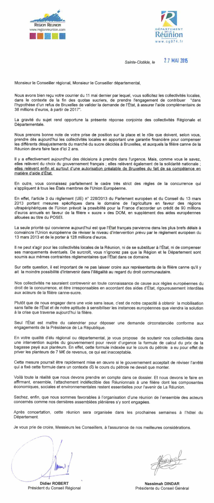 Nassimah Dindar et Didier Robert interpellent le gouvernement