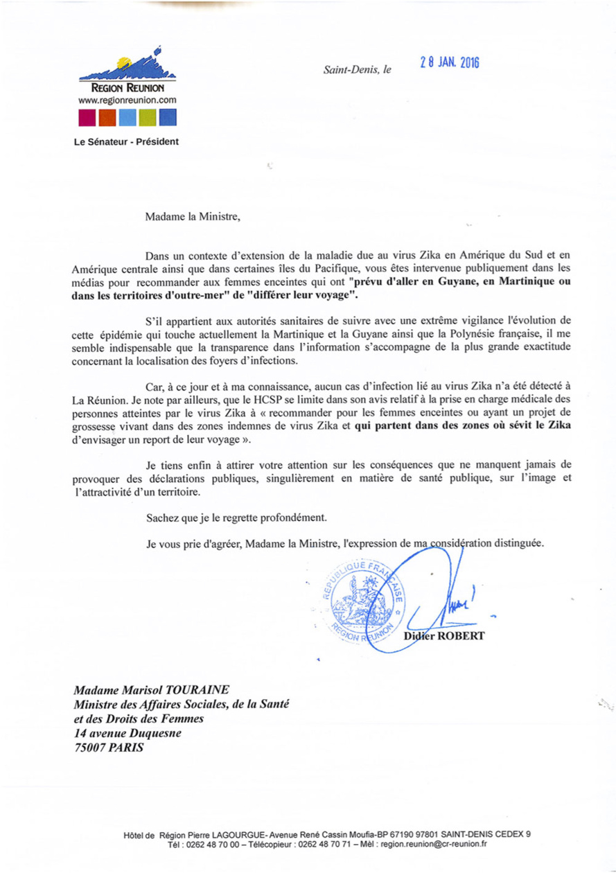Zika : Courrier du Président de la Région à la Ministre des Affaires Sociales et de la Santé Zika : Courrier du Président de la Région à la Ministre des Affaires Sociales et de la Santé