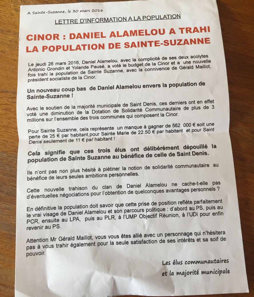 Des élus Sainte Suzanne dénoncent le nouveau coup bas de Daniel ALAMÉLOU Des élus Sainte Suzanne dénoncent le nouveau coup bas de Daniel ALAMÉLOU