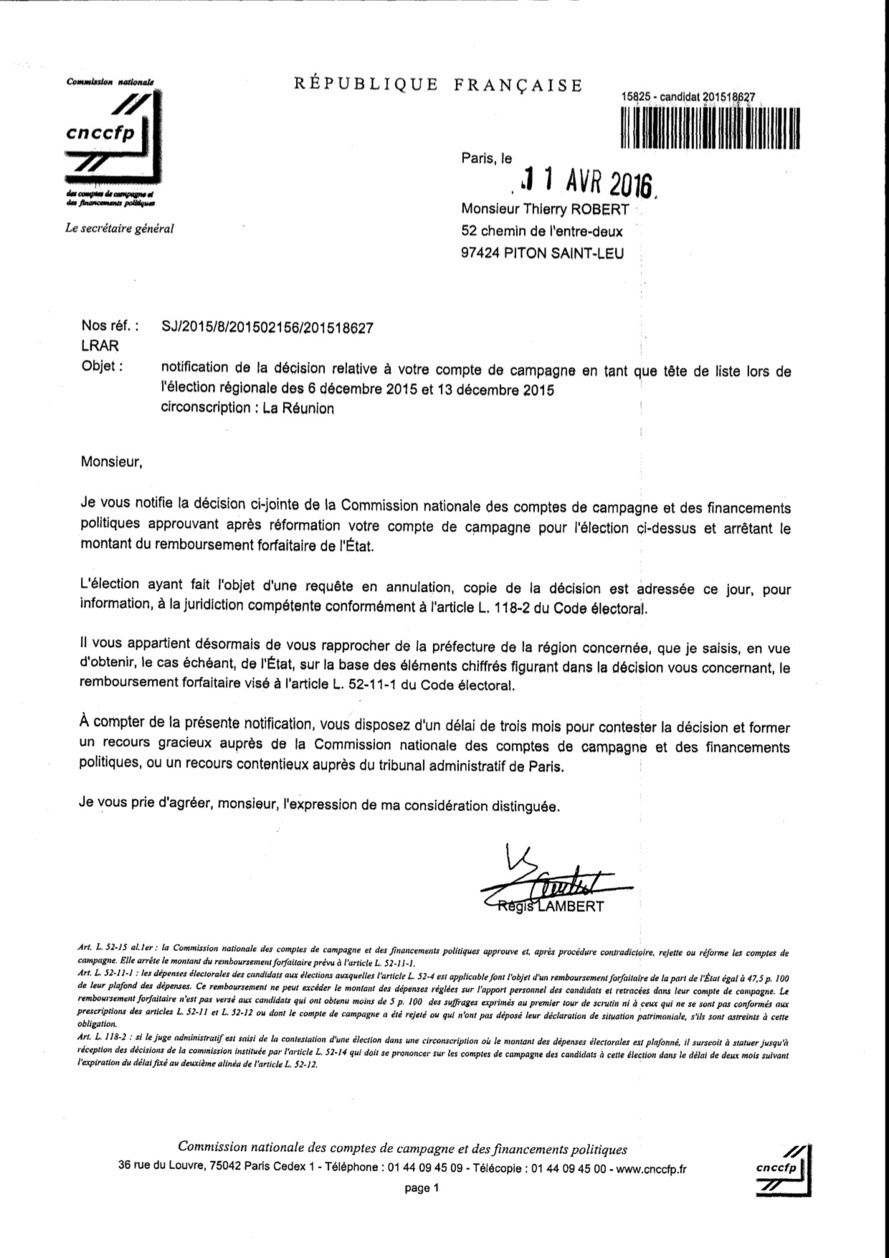 Approbation des comptes de campagne de Thierry ROBERT Approbation des comptes de campagne de Thierry ROBERT