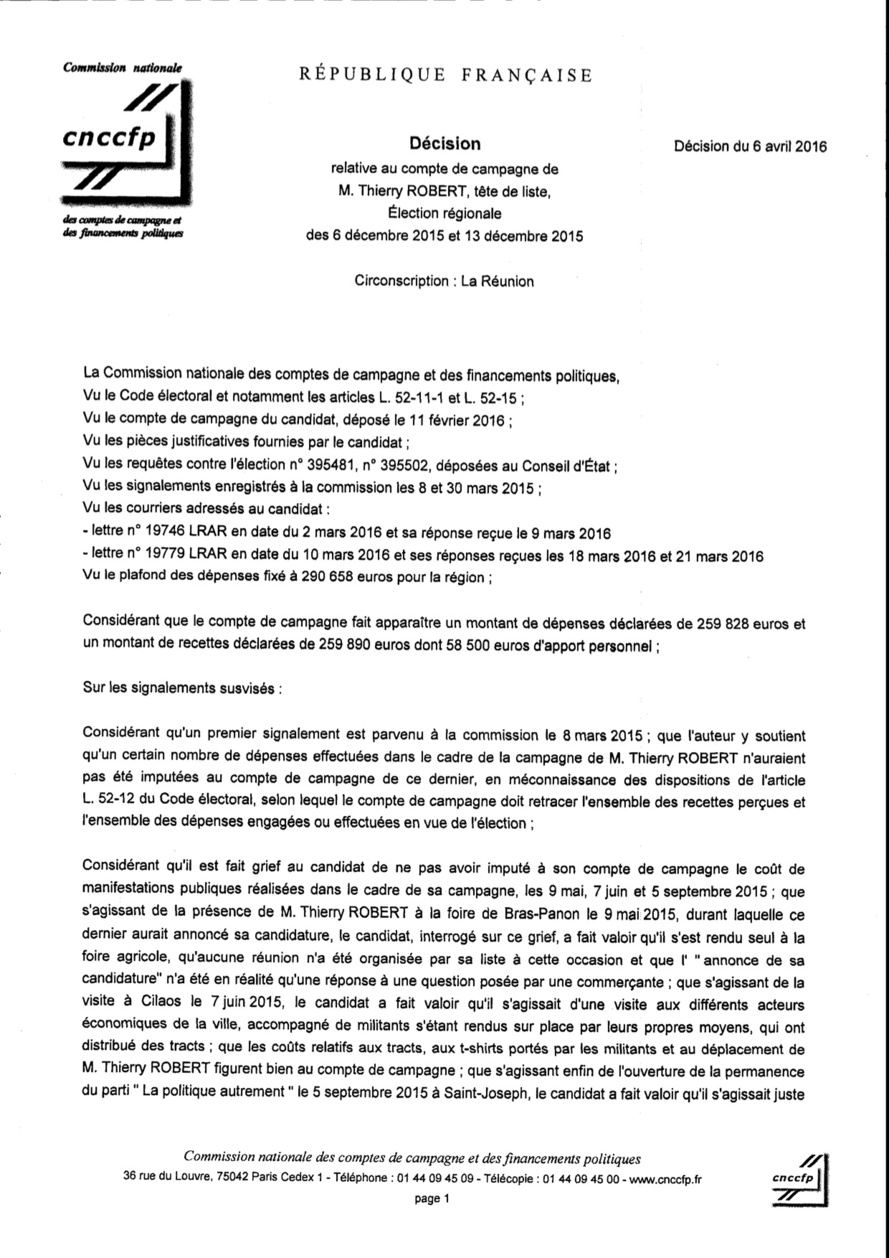 Approbation des comptes de campagne de Thierry ROBERT Approbation des comptes de campagne de Thierry ROBERT