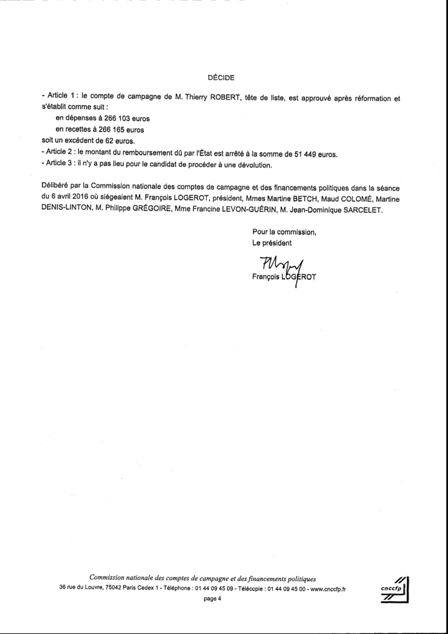 Approbation des comptes de campagne de Thierry ROBERT Approbation des comptes de campagne de Thierry ROBERT