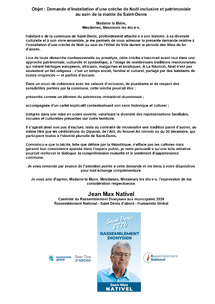 Demande d’installation d’une crèche de Noël inclusive et patrimoniale au sein de la mairie de Saint-Denis Demande d’installation d’une crèche de Noël inclusive et patrimoniale au sein de la mairie de Saint-Denis