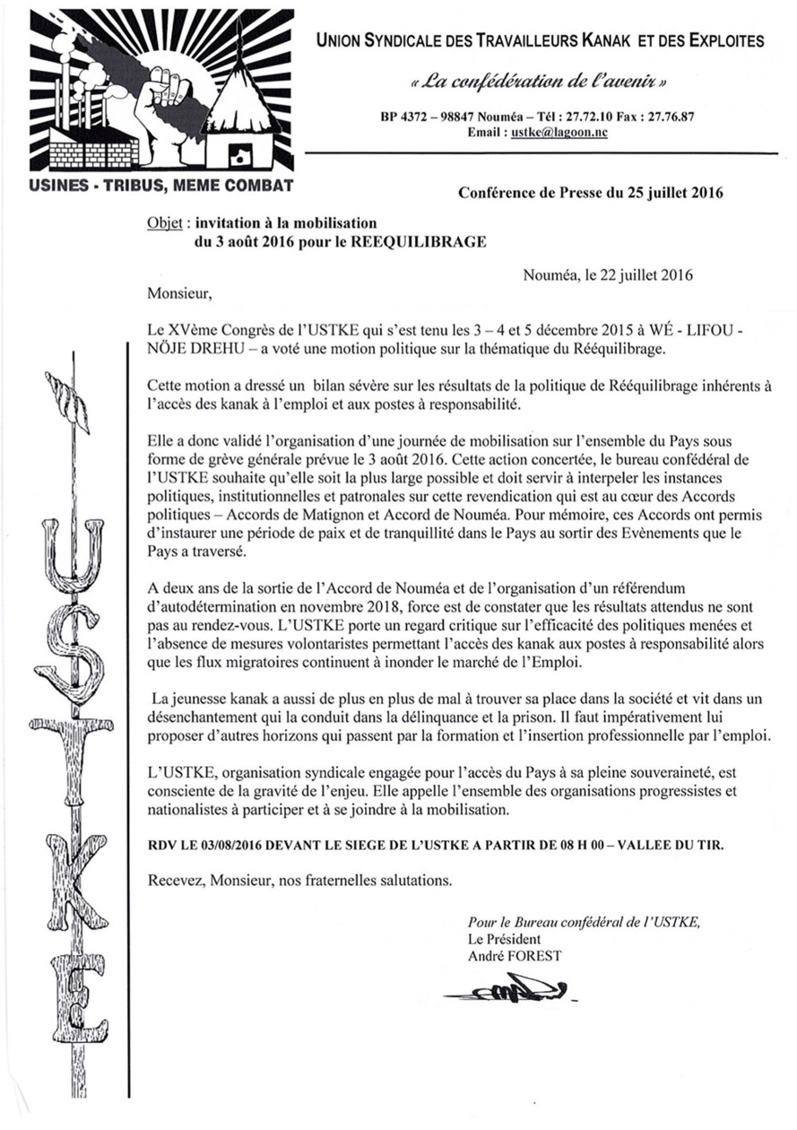 L'USTKE appelle à la grève générale ce mercredi 3 aout 2016 L'USTKE appelle à la grève générale ce mercredi 3 aout 2016