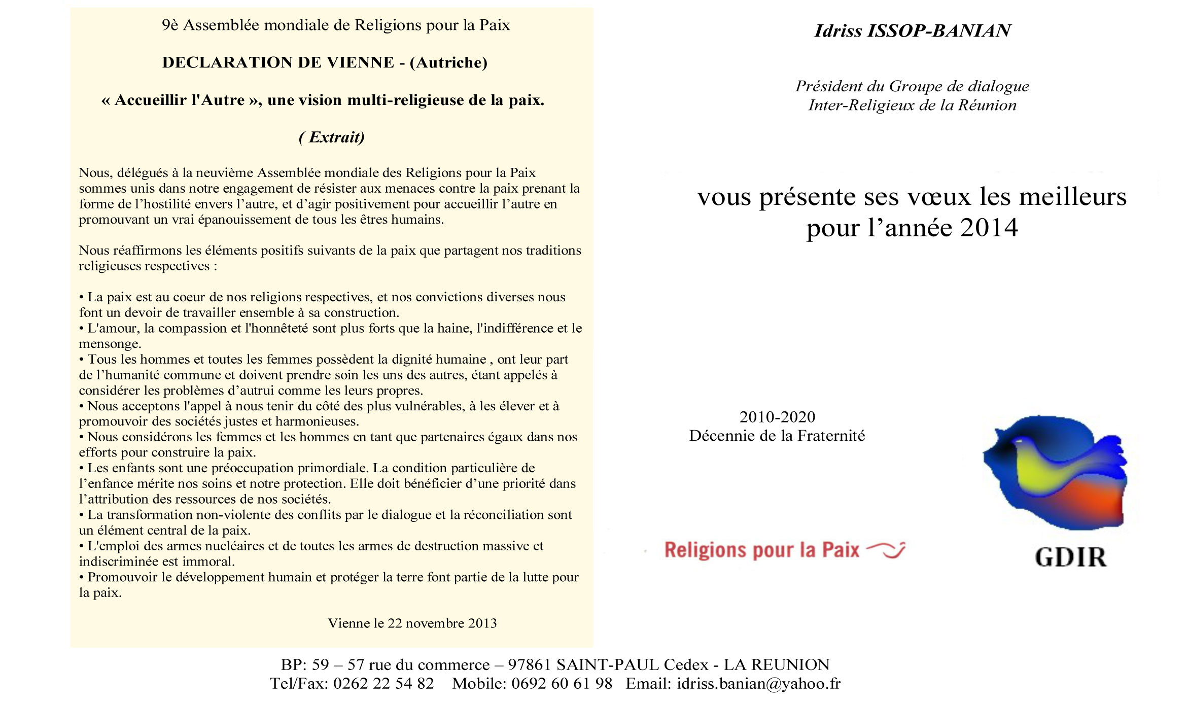 Les vœux du Groupe de Dialogue Inter Religieux de La Réunion