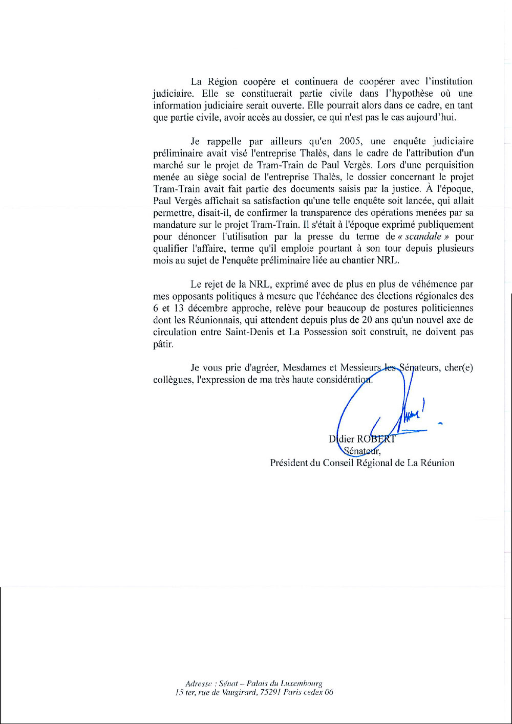 Didier ROBERT Sénateur répond à Paul VERGES Sénateur