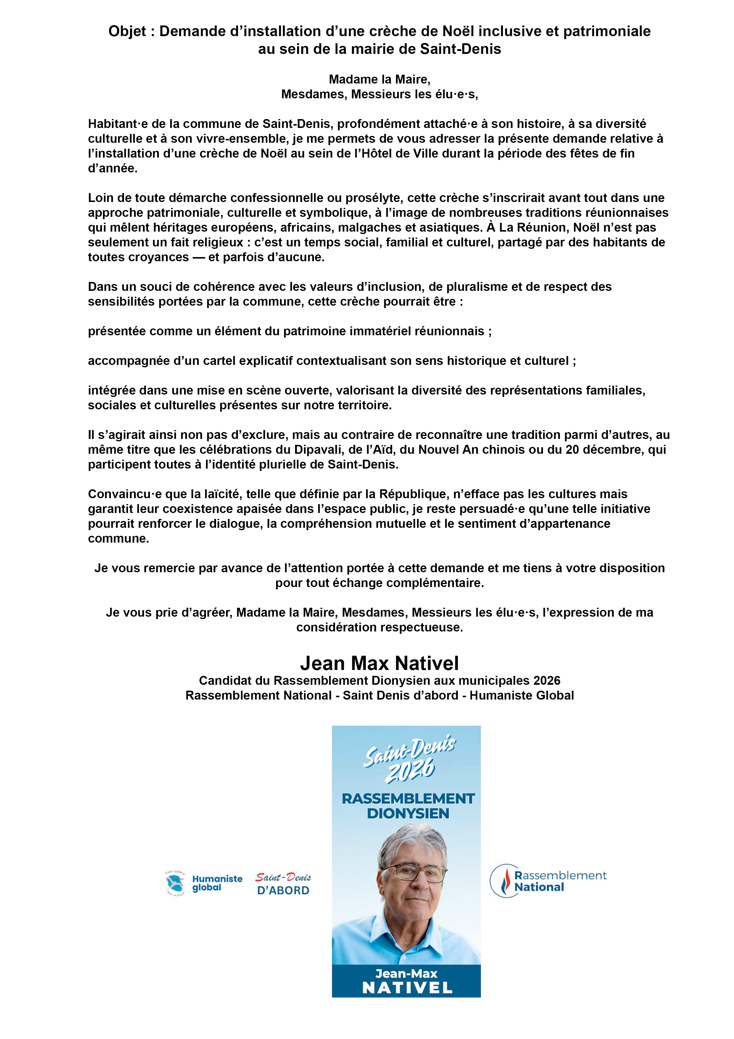 Demande d’installation d’une crèche de Noël inclusive et patrimoniale au sein de la mairie de Saint-Denis